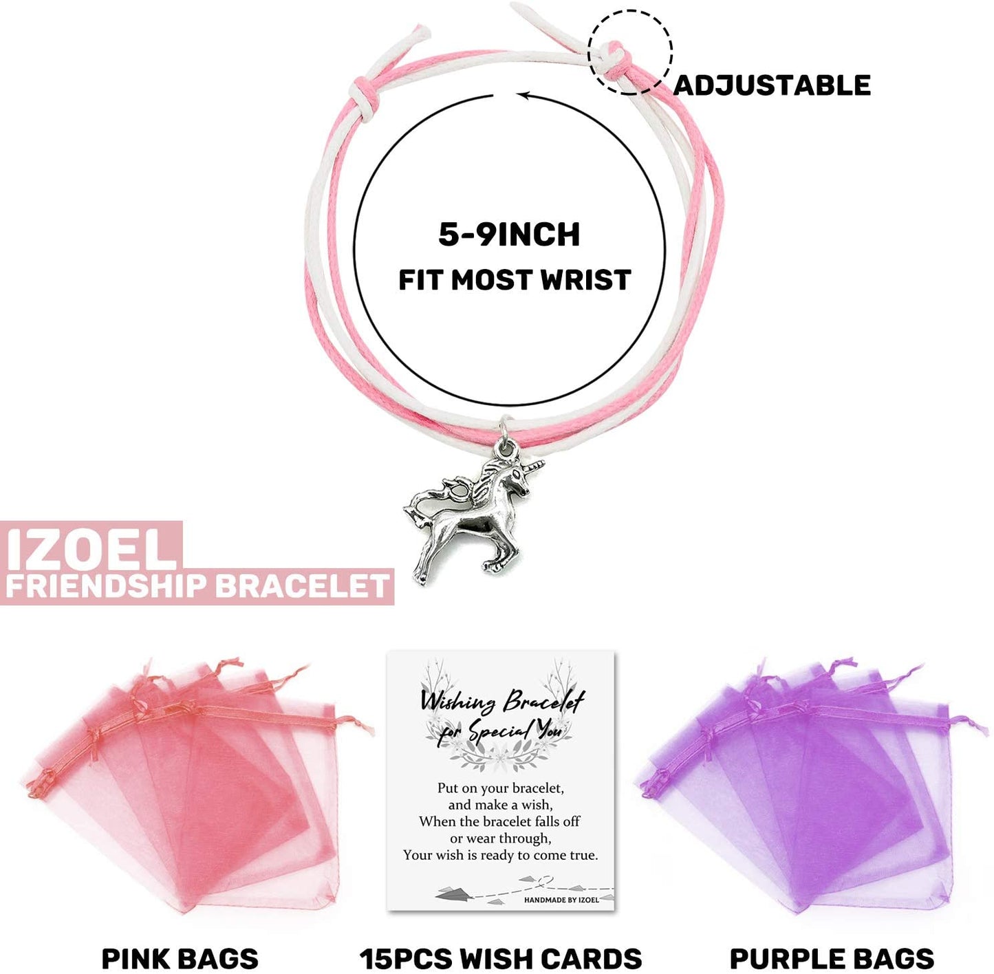 iZoeL 15 x Wish Bracelets Unicorn Angels Elephants Fish Owl Bracelet Wedding Presents Baby Shower Guest Gift Party Bag Favours with 15 Organza Bags and 15 Gift Cards for Kid Adult
