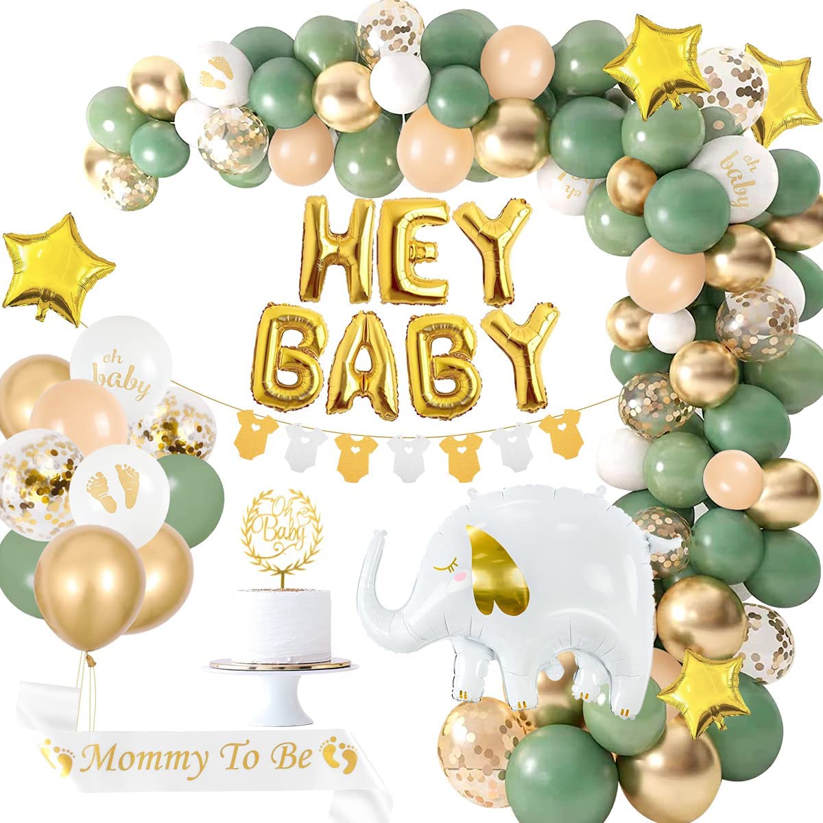 iZoeL Sage Green Baby Shower Decorations Boy Girl Gold Apricot Baby Shower Decoration Neutral Balloon Arch Kit, Hey Baby Banner Mummy to Be Sash Elephant Balloons Surprise Gender Reveal