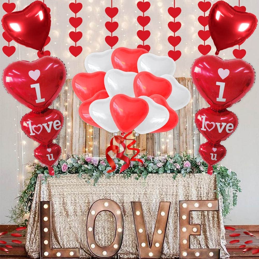 iZoeL Romantic Decorations - 2pcs I Love You balloons Heart Balloon, Red Hearts Garland, 1000pcs Rose Petals Heart for Wedding Anniversary Engagement Party Decorations