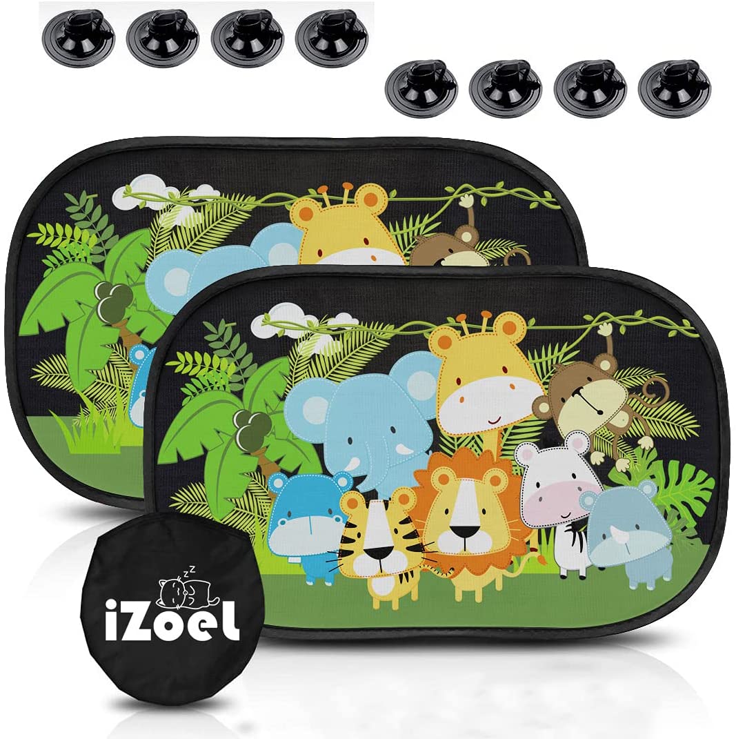 iZoeL Car Sun Shade for Baby Kids 2 Pack Static Cling Side Window Car 80GSM Animals Cars Rear Sunshades Universal with 8 Suction Cups and Storage Bag - Sun Glare and UV Rays Protection