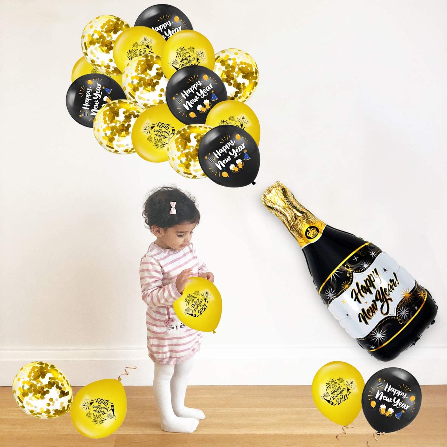 iZoeL Happy New Year Balloon 2021 XXL Set, Black Gold Happy New Year Banner, XXL 2021 Numbers, Bottle Champagne Black Gold Confetti Balloons for New Year's Eve Party Decoration (Black Gold)
