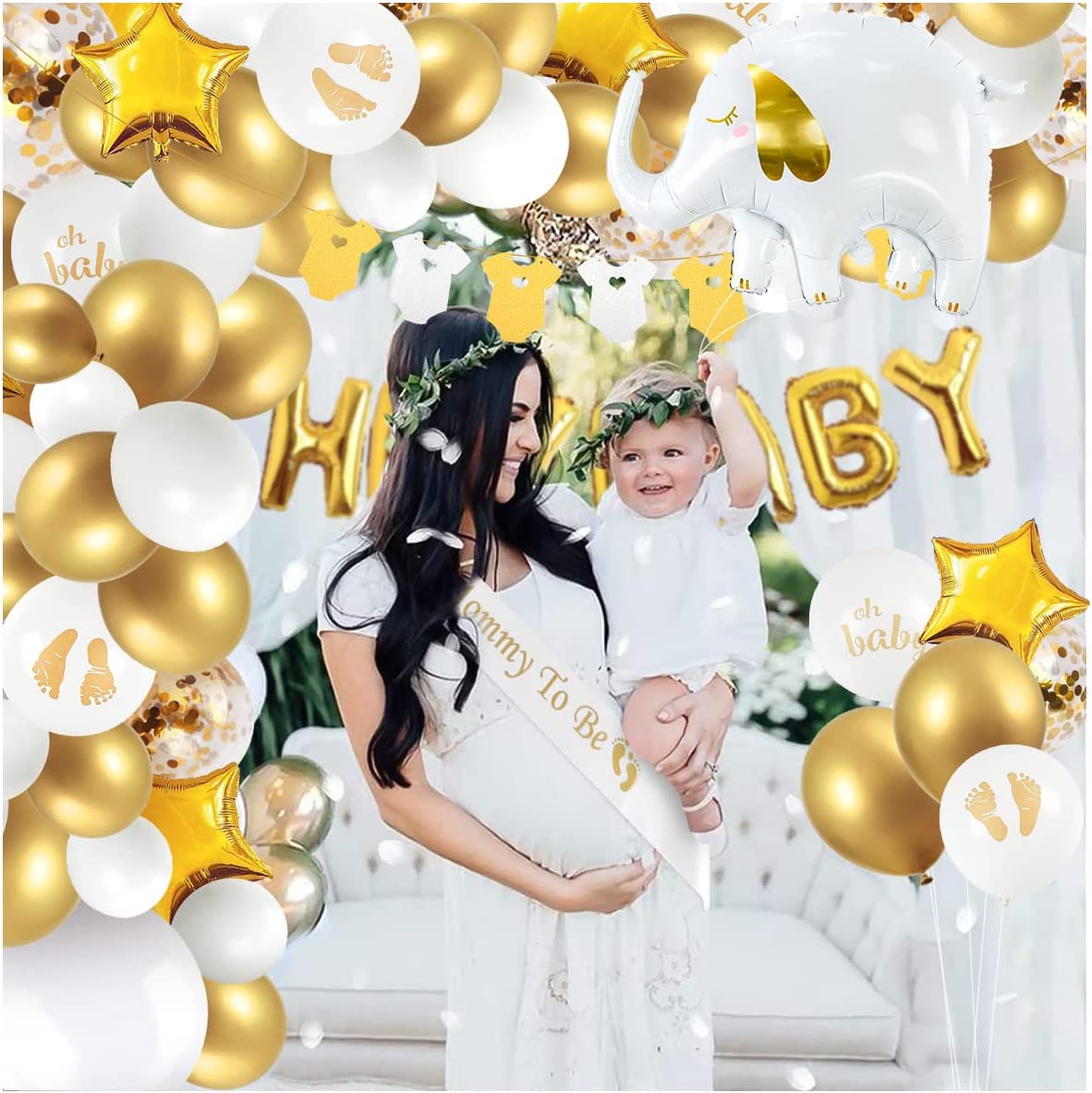 iZoeL Baby Shower Decorations Boy Girl white Gold Baby Shower Decoration Neutral Balloon Arch Kit, Hey Baby Banner Mummy to Be Sash Elephant Balloons Gender Reveal balloons Cake Topper