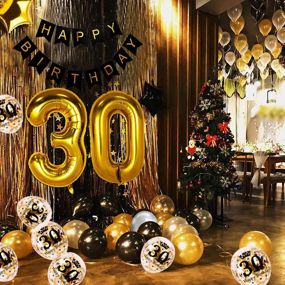 iZoeL 30th Black Gold Birthday Party Decoration, Happy Birthday Banner, Helium Number Balloon 30 XXL, 2 Gold Fringe Curtain, Latex Confetti Balloon, Table Confetti for Man Girl Women Anniversary