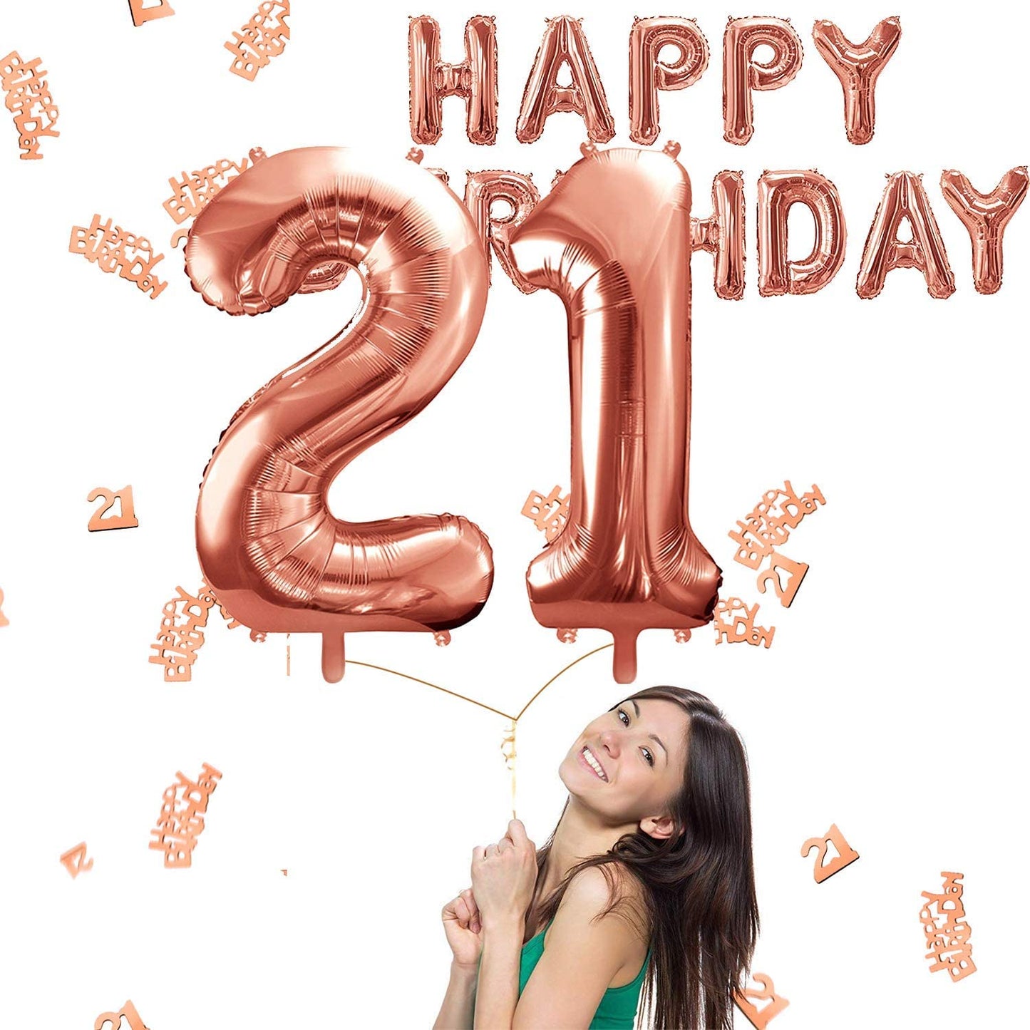 iZoeL 21th Rose Gold Birthday Party Decoration Happy Birthday Banner Helium Number Balloon 21 XXL, 2 Rose Gold Fringe Curtain Latex Confetti Balloon Table Confetti Girl Women Anniversary
