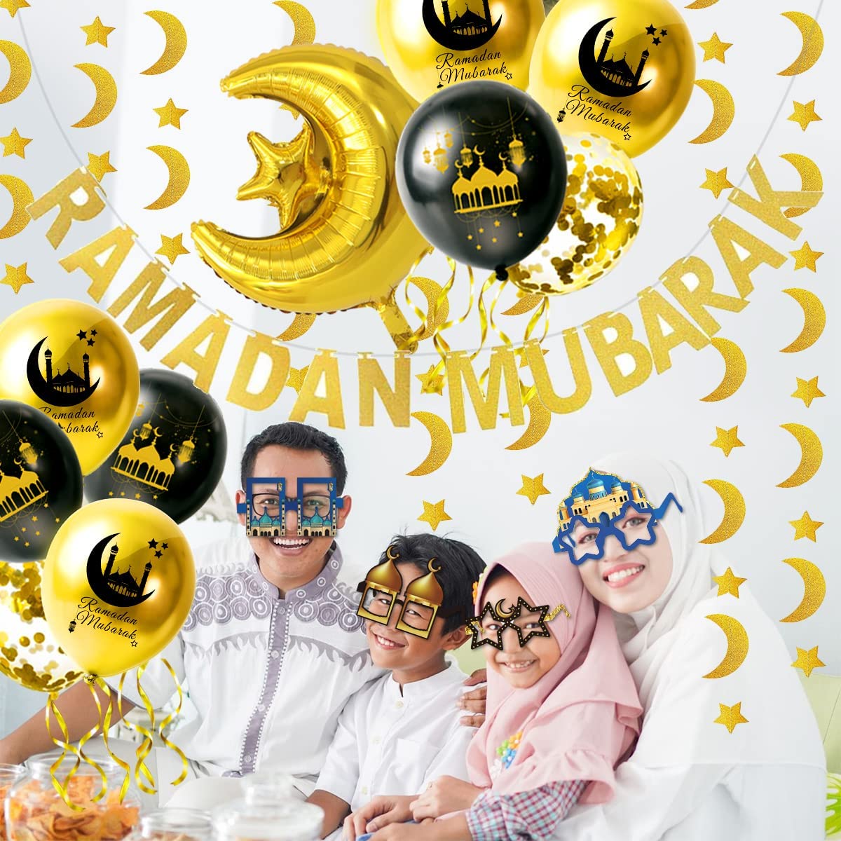iZoeL Ramadan Decorations for Home Ramadan Mubarak Decor Eid Decorations Ramadan Balloons Banner Moon Star Garland Party Glasses Photo Booth Props for Restaurant Garden Decor
