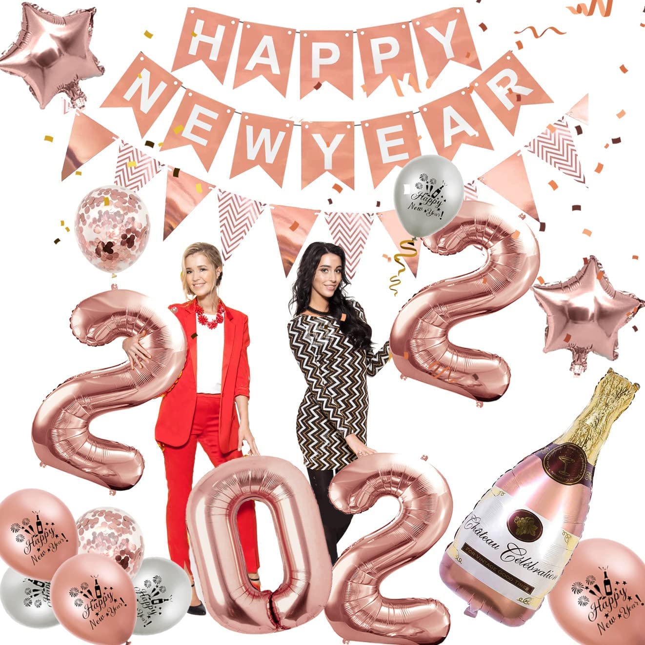 iZoeL XXL New Years Eve Party Decorations 2022, Rose Gold Happy New Year Decorations, Happy New Year Banner, 32‘’ 2022 Balloons, 40‘’ Bottle Champagne Balloons, Triangle Flag