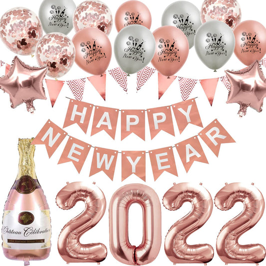 iZoeL XXL New Years Eve Party Decorations 2022, Rose Gold Happy New Year Decorations, Happy New Year Banner, 32‘’ 2022 Balloons, 40‘’ Bottle Champagne Balloons, Triangle Flag