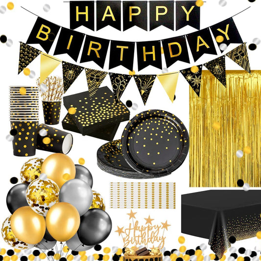 iZoeL 30 Guests Black Gold Birthday Party Decorations for Men Women, Birthday Tableware Curtain Tablecloth Plates Napkins Cups Straws 10g Confetti Birthday Balloon Cake Topper