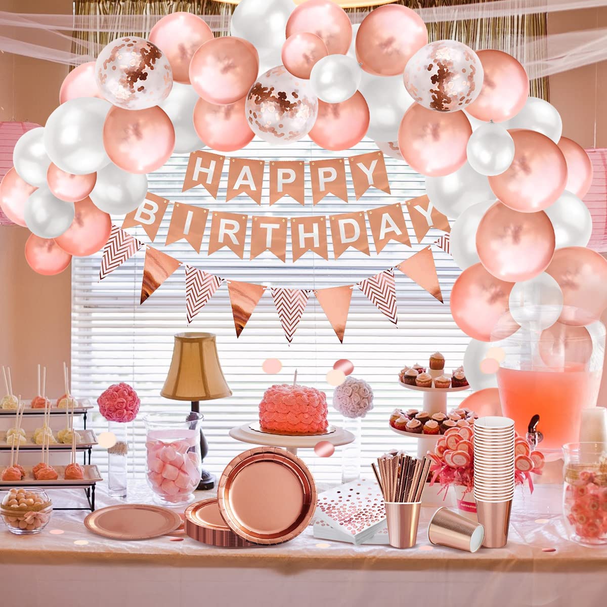 iZoeL Vaisselle Jetable Anniversaire Rose Gold, Decoration Anniversaire Femme Fille, 46pcs Arche Ballon anniversaire Nappe Rideau Serviettes Assiettes Tasses Paille 10g Confettis