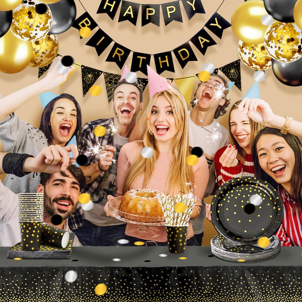 iZoeL Vaisselle Jetable Anniversaire Or Noir, Decoration Anniversaire Homme Femme, 46pcs Arche Ballon anniversaire Nappe Rideau Bruant Serviettes Assiettes Tasses Paille 10g Confettis