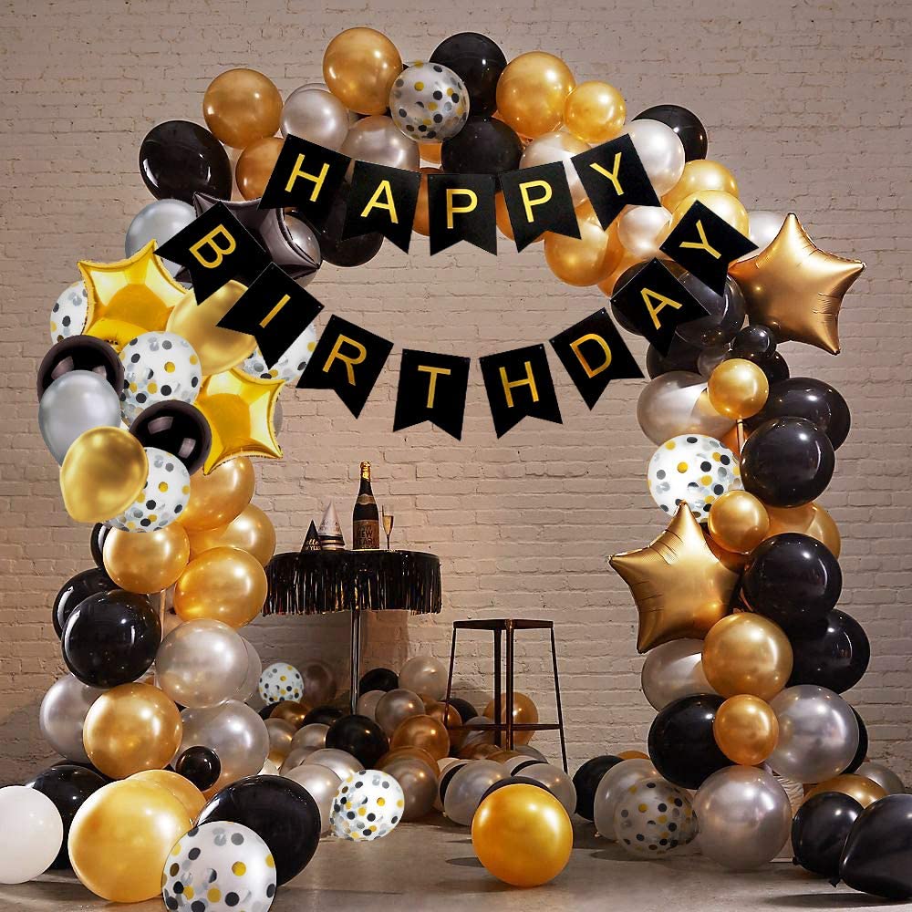 iZoeL Black Gold Silver Party Decorations incl. Birthday Banner 6 star foil balloon 30 latex balloons 10 confetti balloons Happy Birthday star Confetti