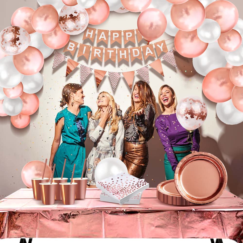 iZoeL Vaisselle Jetable Anniversaire Rose Gold, Decoration Anniversaire Femme Fille, 46pcs Arche Ballon anniversaire Nappe Rideau Serviettes Assiettes Tasses Paille 10g Confettis