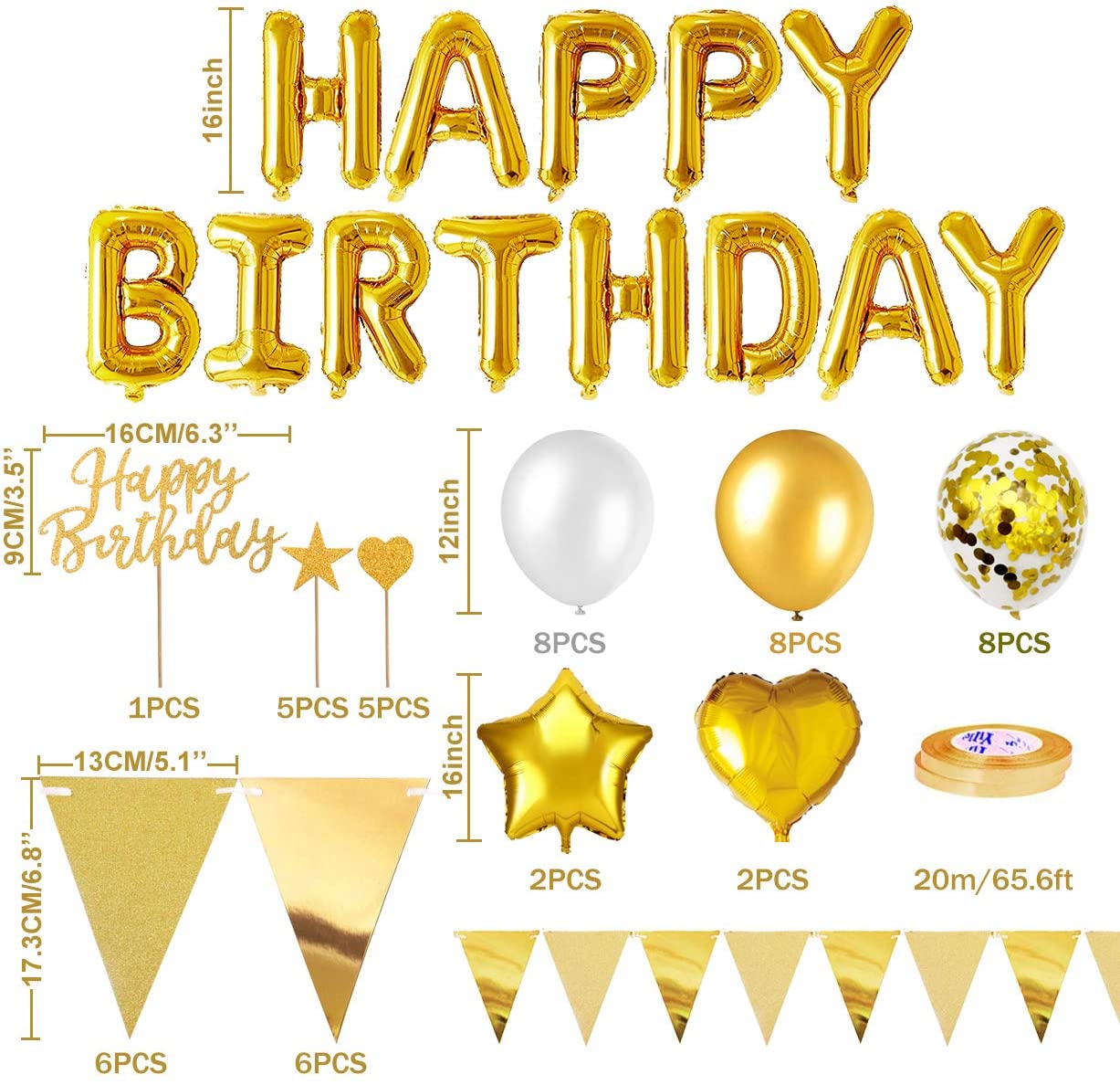 iZoeL Gold Birthday Party Decoration Happy Birthday Banner Balloon Gold Triangle Flag Bunting Heart Star Confetti Balloons Cake Toppers Birthday Party Supplies for Man Woman Wedding Anniversary