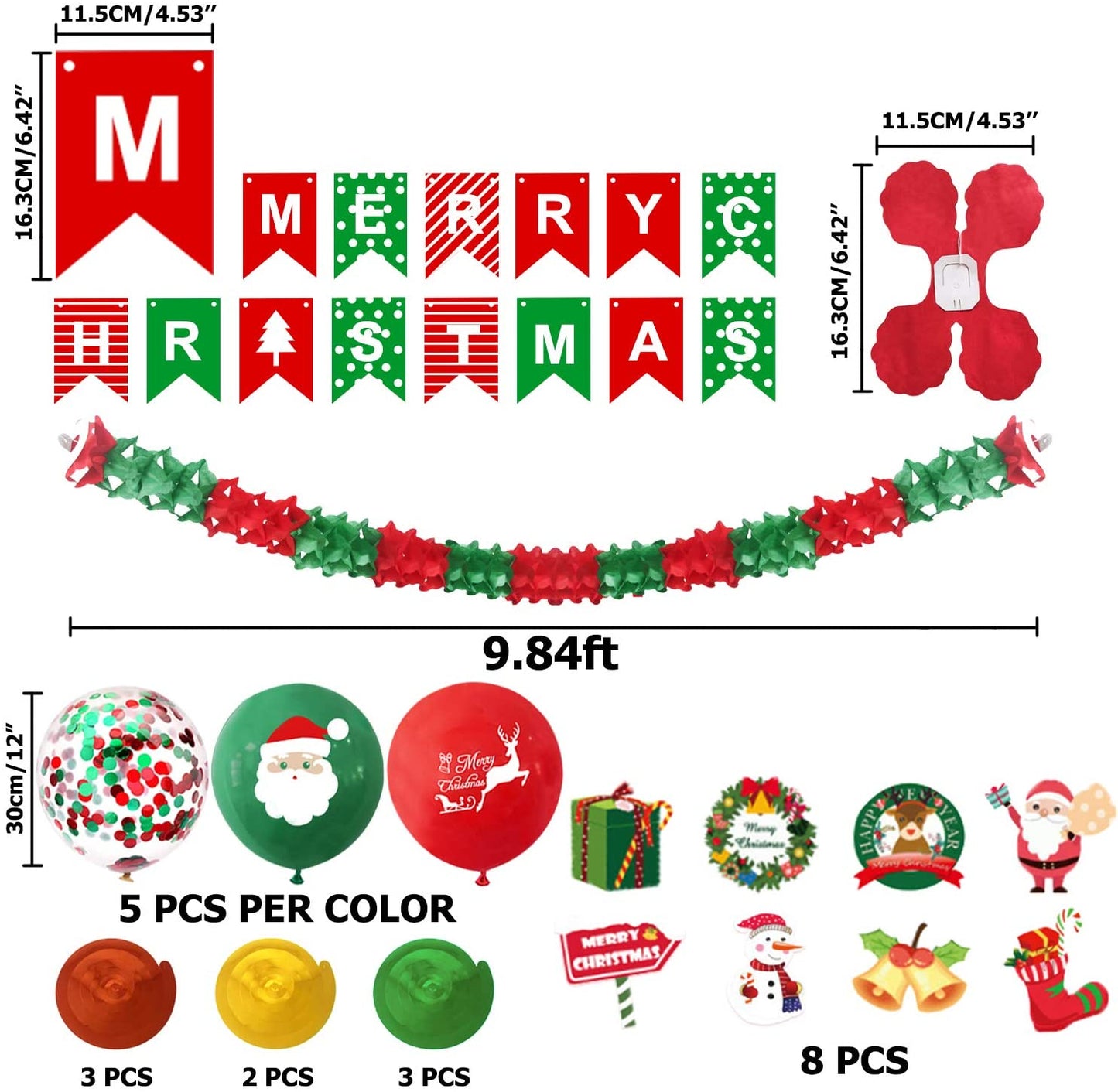 iZoeL Merry Christmas Decoration Balloon Set, Merry Christmas Banner, Xmas Hanging Swirl, Christmas paper Garland, Christmas Red Yellow Confetti Balloon for Christmas Eve Party Ideas