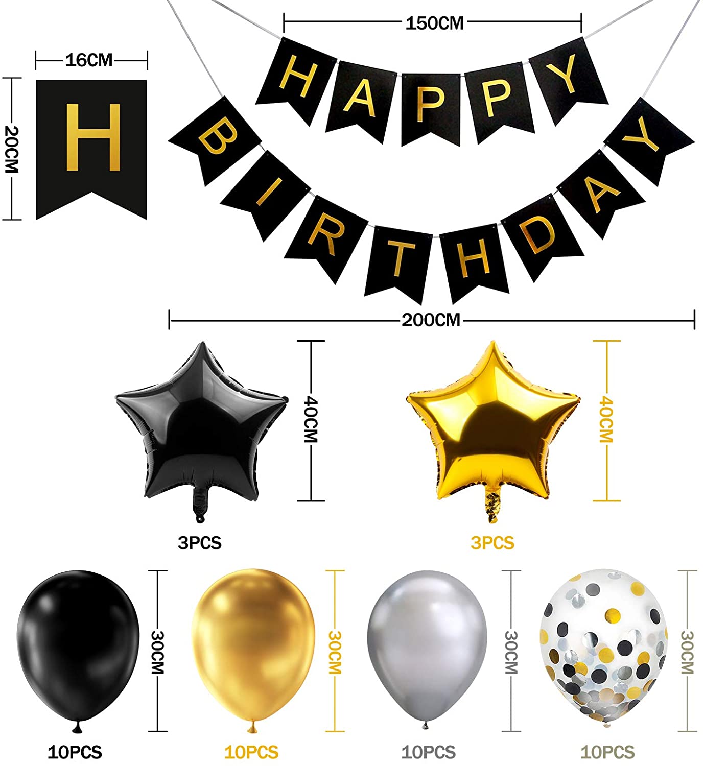 iZoeL Black Gold Silver Party Decorations incl. Birthday Banner 6 star foil balloon 30 latex balloons 10 confetti balloons Happy Birthday star Confetti