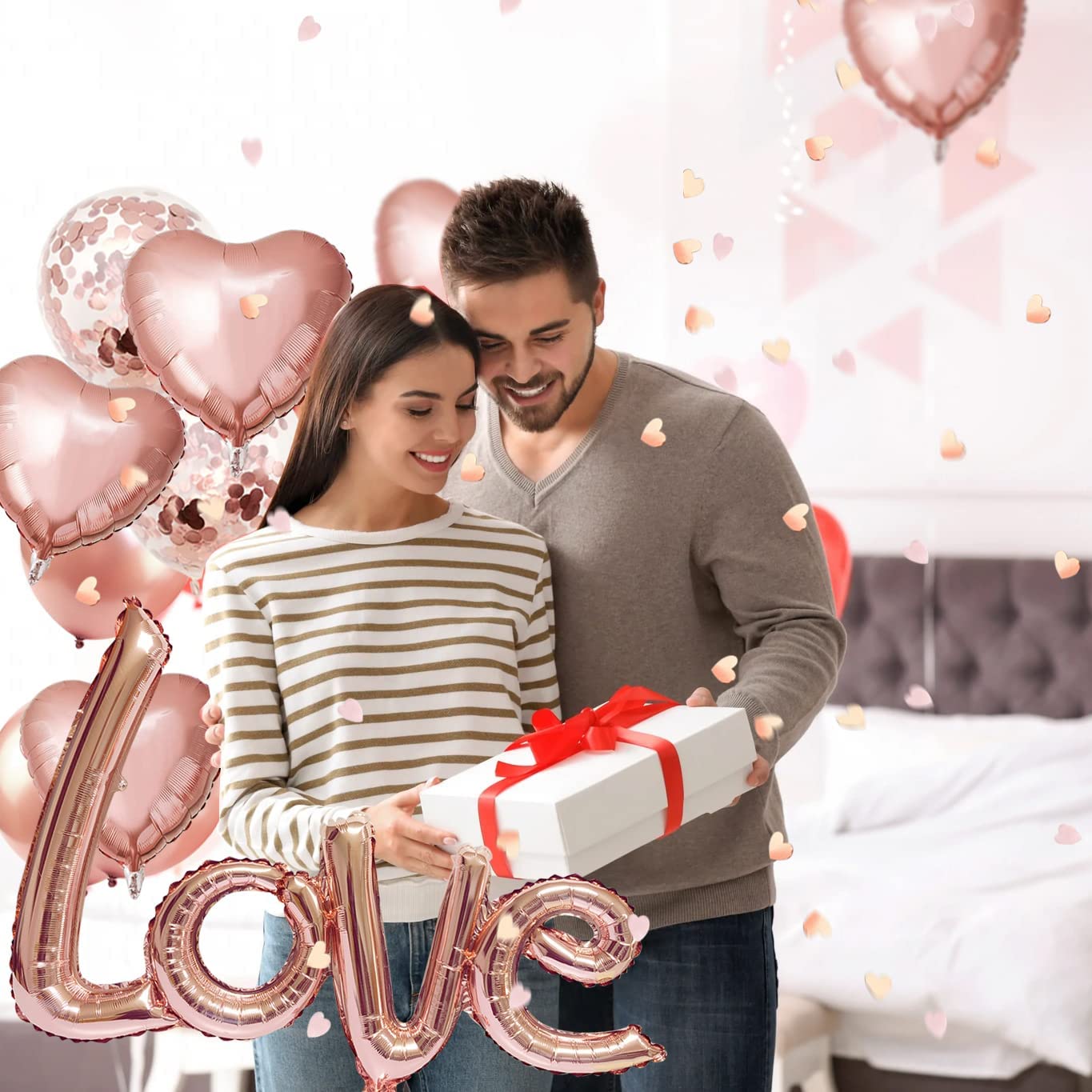 iZoeL Valentines Decorations, Rose Gold Valentines Balloons XXL LOVE Balloon, 6pcs Helium Heart Balloons, Heart Confetti 3000pcs, 12pcs Balloons for Wedding Anniversary Engagement Party