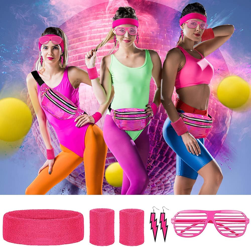 iZoeL 80s Fancy Dress for Women 80s Accessories Halloween Costumes for Kids 80s Outfits for Girls - Waist Packs Headband Wristbands Leg Warmers - Neon 80s Fun Run Teams