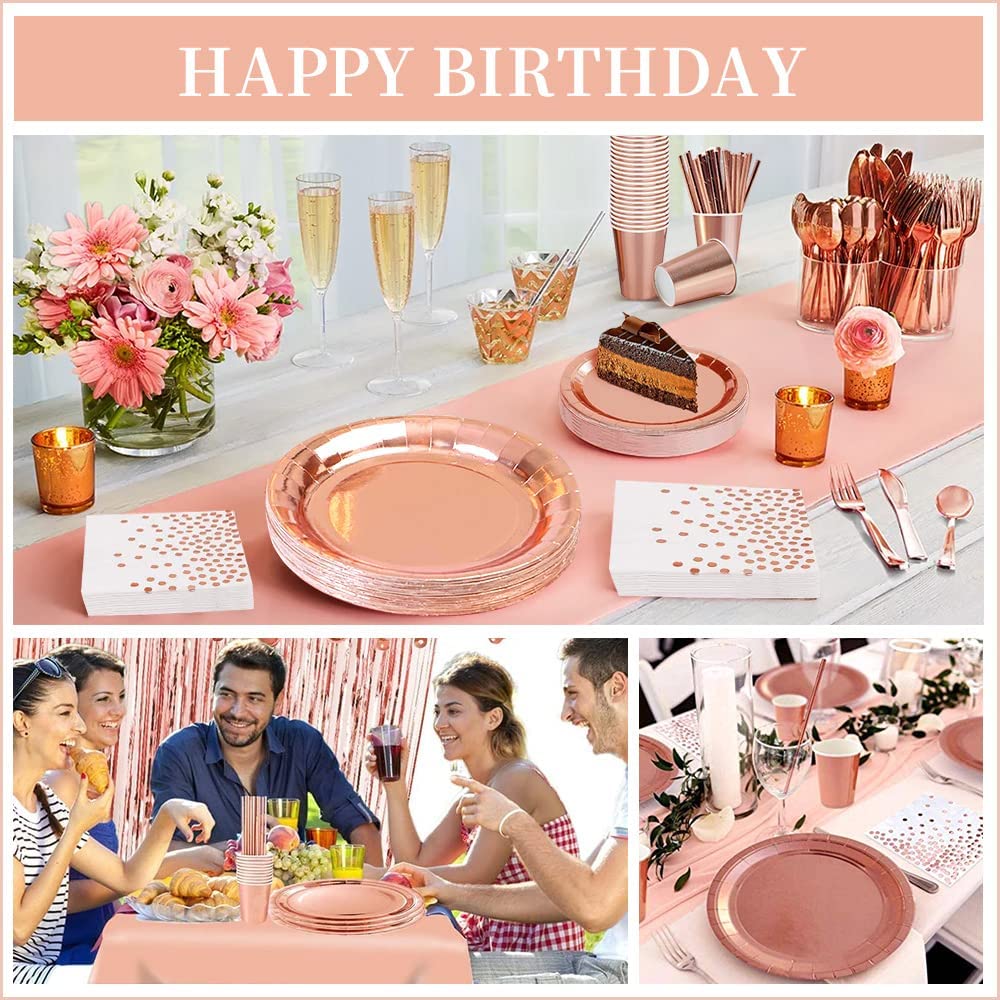 iZoeL Vaisselle Jetable Anniversaire Rose Gold, Decoration Anniversaire Femme Fille, 46pcs Arche Ballon anniversaire Nappe Rideau Serviettes Assiettes Tasses Paille 10g Confettis