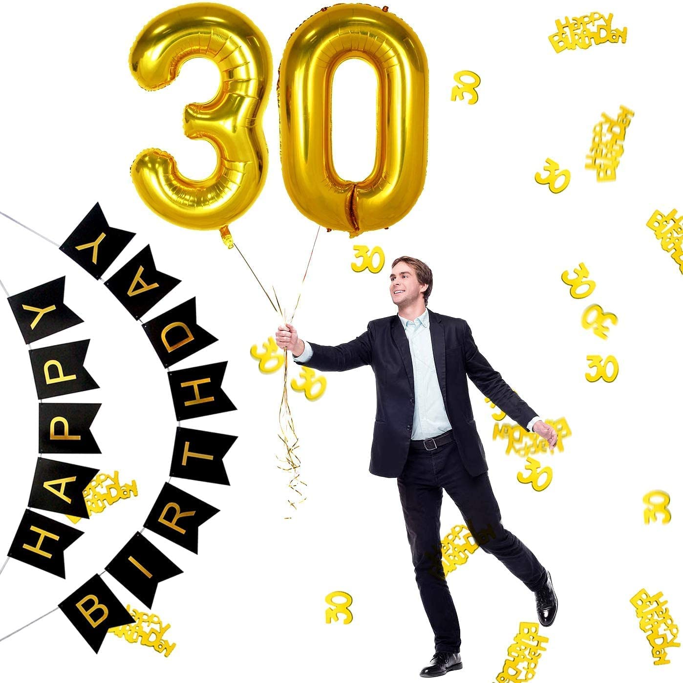 iZoeL 30th Black Gold Birthday Party Decoration, Happy Birthday Banner, Helium Number Balloon 30 XXL, 2 Gold Fringe Curtain, Latex Confetti Balloon, Table Confetti for Man Girl Women Anniversary