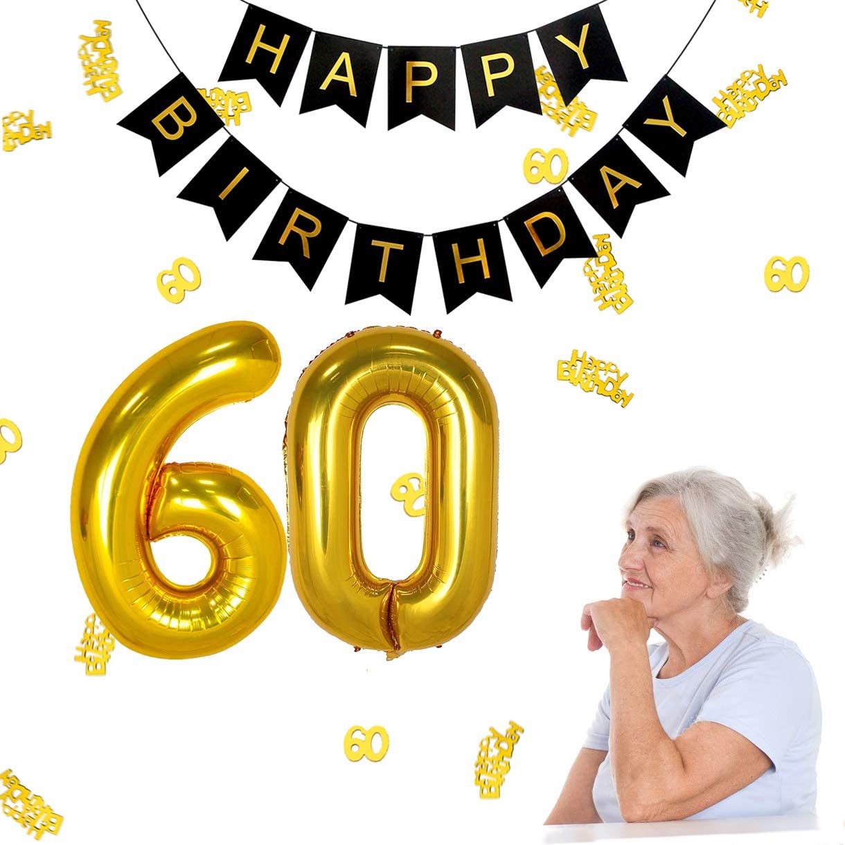 iZoeL 60th Black Gold Birthday Party Decoration, Happy Birthday Banner Helium Number 60 XXL 2 Gold Fringe Curtain Latex Confetti Balloon Table Confetti for Man Boy Girl Women Anniversary