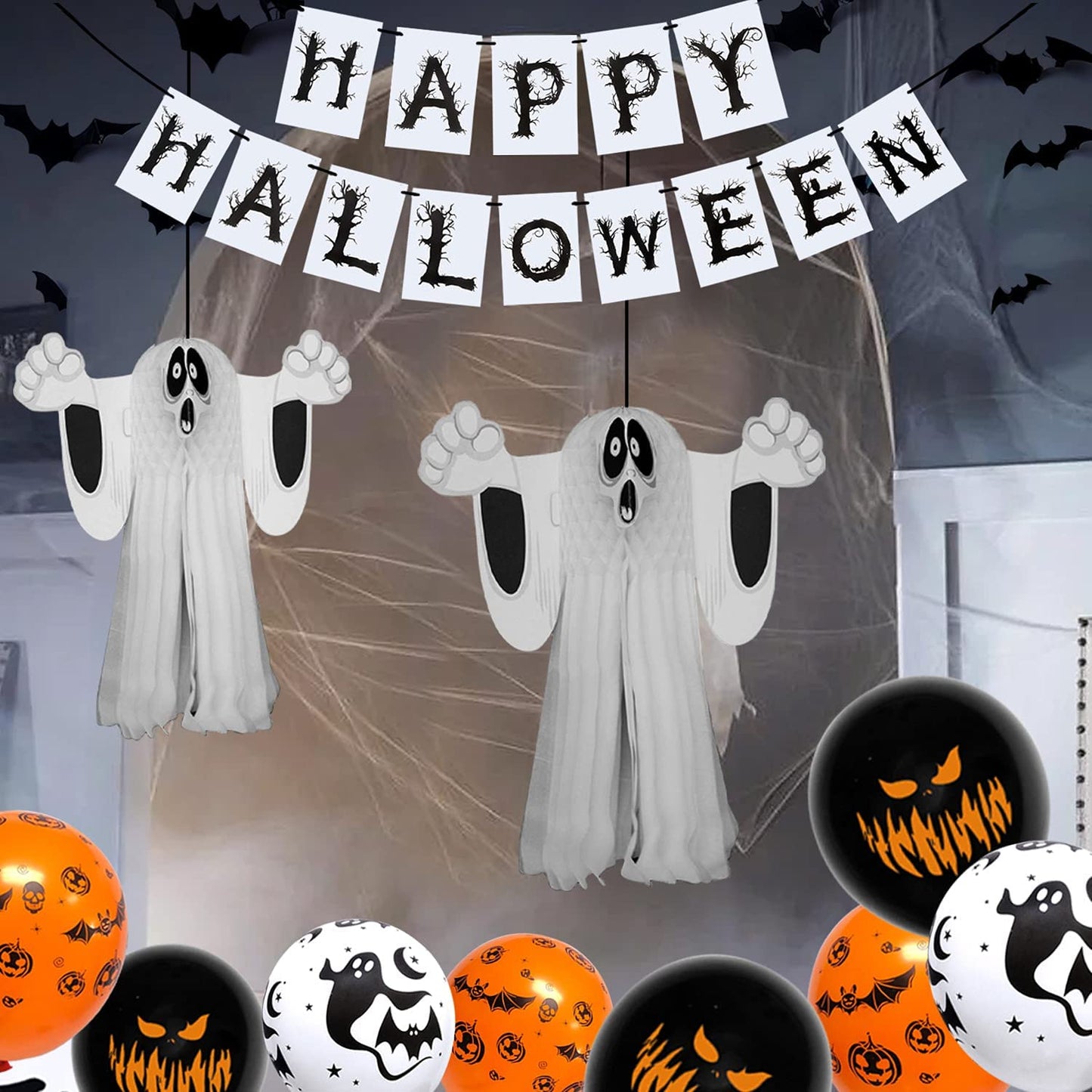 iZoeL Spooky Halloween Decorations Balloon Set, Floating Ghost Flying Bat Halloween Banner Scary Balloons, Halloween Party Decor for Indoor Outdoor Yard Haunted House Props halloween bunting