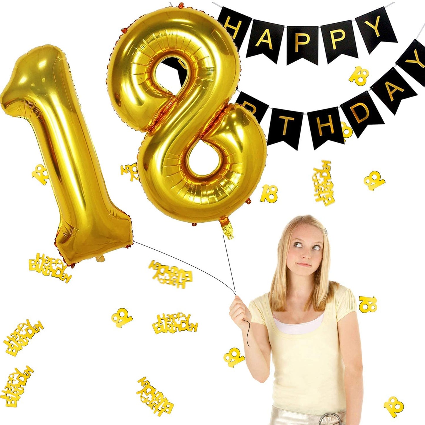 iZoeL 18th Black Gold Birthday Party Decoration, Happy Birthday Banner, Helium Number 18 XXL, 2 Gold Fringe Curtain, Latex Confetti Balloon, Table Confetti for Man Girl Women Anniversary