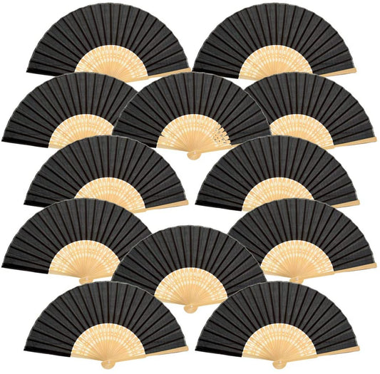 iZoeL 12 Wedding Fan + Organza Bags, Folding Hand Held fan Bamboo paper for Church Wedding Gift, Wall Decoration, Party Favor, DIY Wall, Vintage Fan (Black)