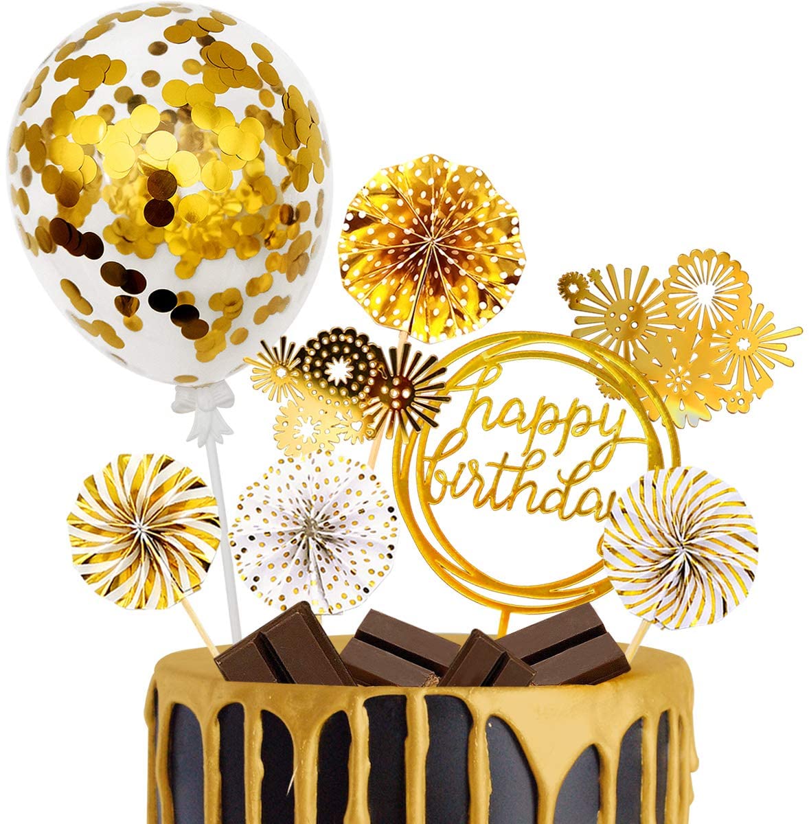 iZoeL Gold Birthday Cake Decoration Happy Birthday Cake Topper Paper Fans Banner Confetti Balloon Fireworks Golden Cupcake Topper for Gold Theme Party Decor Girl Boy Kid Women Man (Gold)