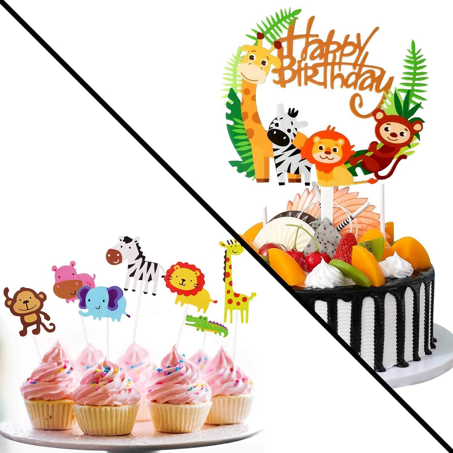 iZoeL Animal Cake Topper, 1pcs Zoo Animal Happy Birthday Banner, 35 Animal Cupcake Topper for Kid Birthday Party Decoration, Jungle Safari Theme Party (Green)