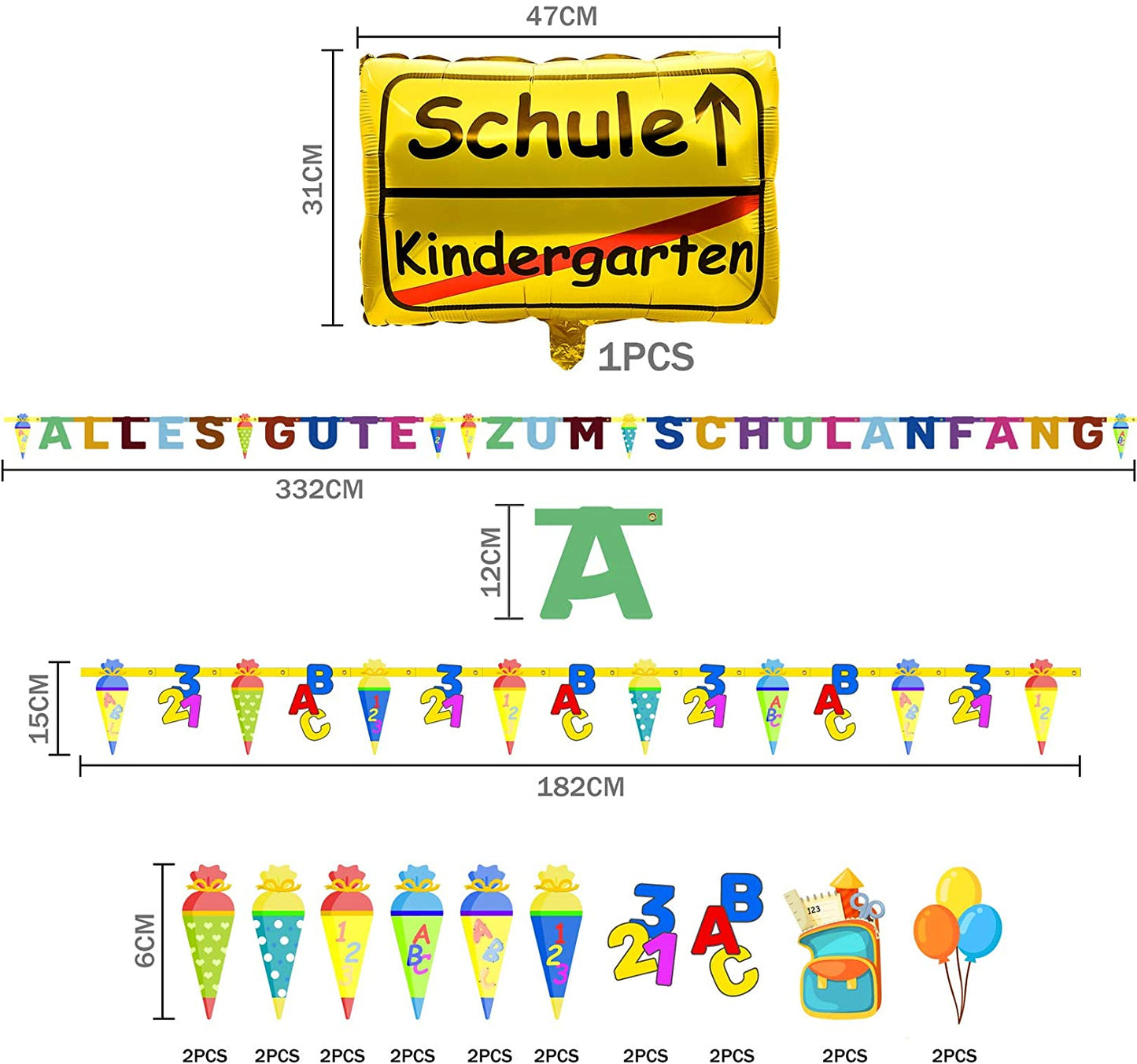 iZoeL Schuleinführung Schulanfang Einschulung Deko Alles Gute Zum Schulanfang Girlande + Schultüte Banner + Folienballon + 123 ABC Konfetti für Junge Mädchen