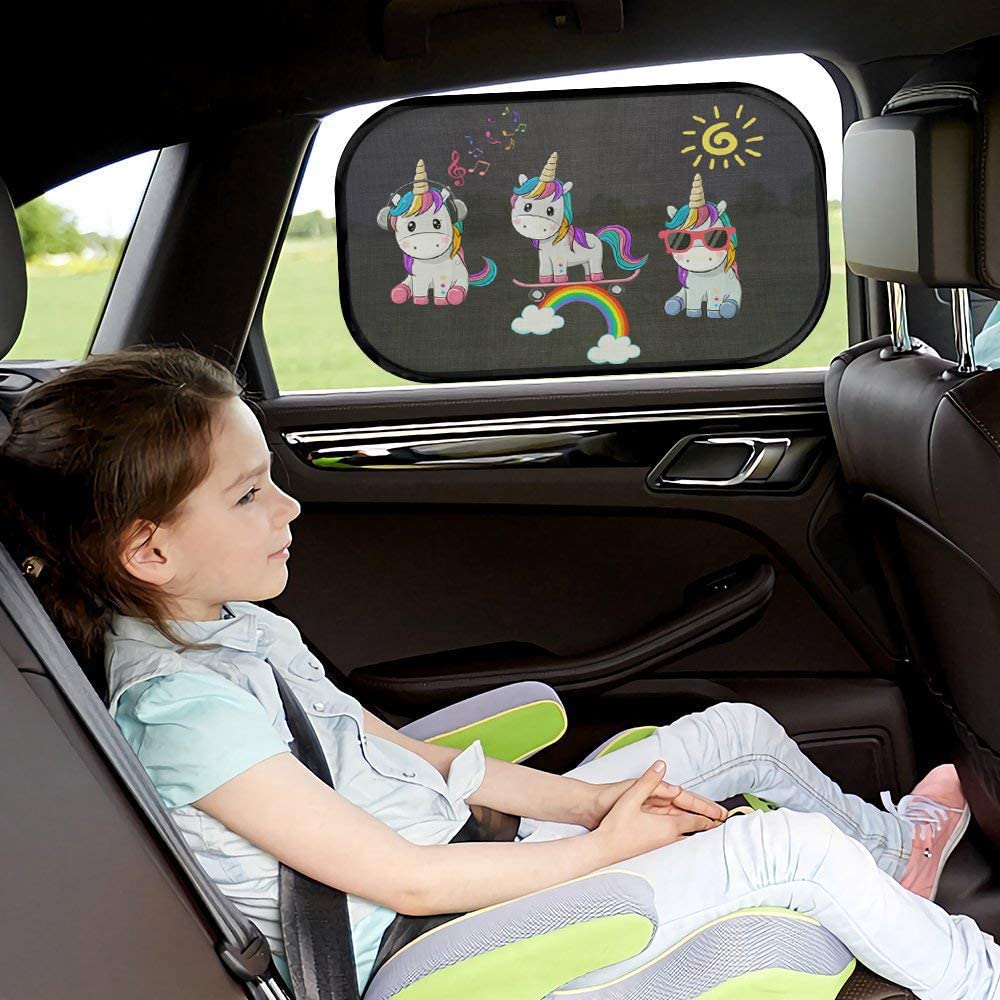 iZoeL Car Sun Shade for Baby Kids 2 Pack Static Cling Side Window Car 80GSM Rear Sunshades Universal with 8 Suction Cups and Storage Bag - Sun Glare and UV Rays Protection (Unicorn)