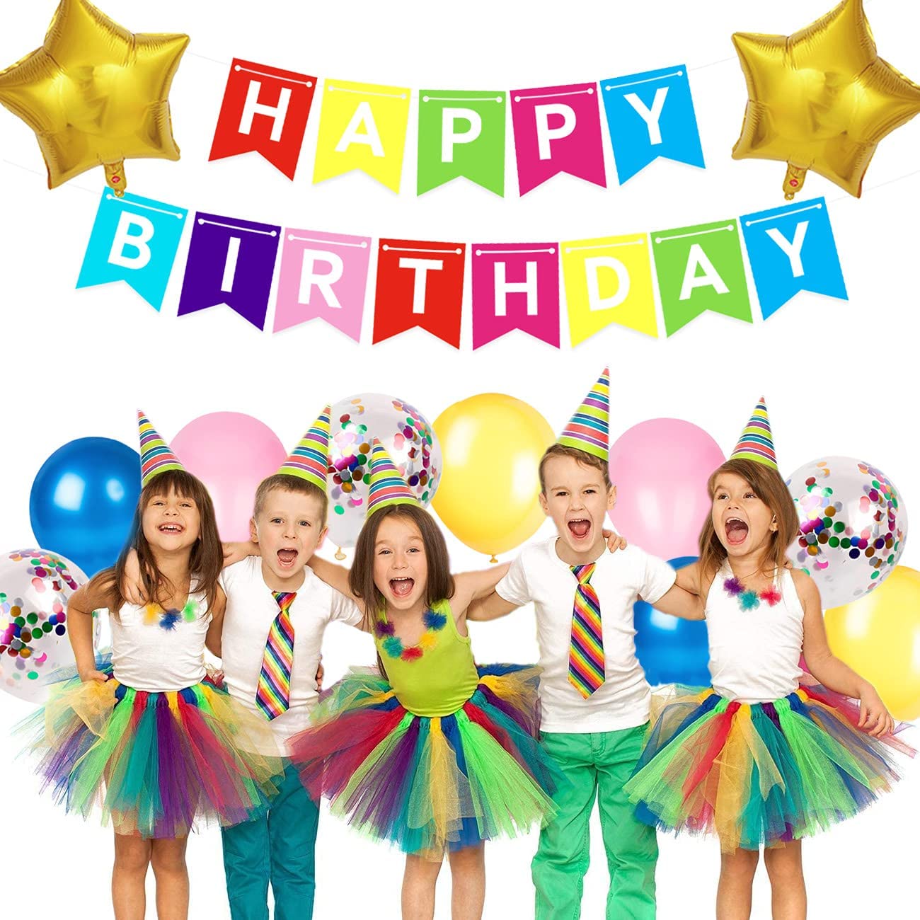 iZoeL Birthday Decoration for Girls, Happy Birthday Banner, Confetti Balloons, Big Star Balloons, for Women Her Birthday Party Supplies Baby Shower