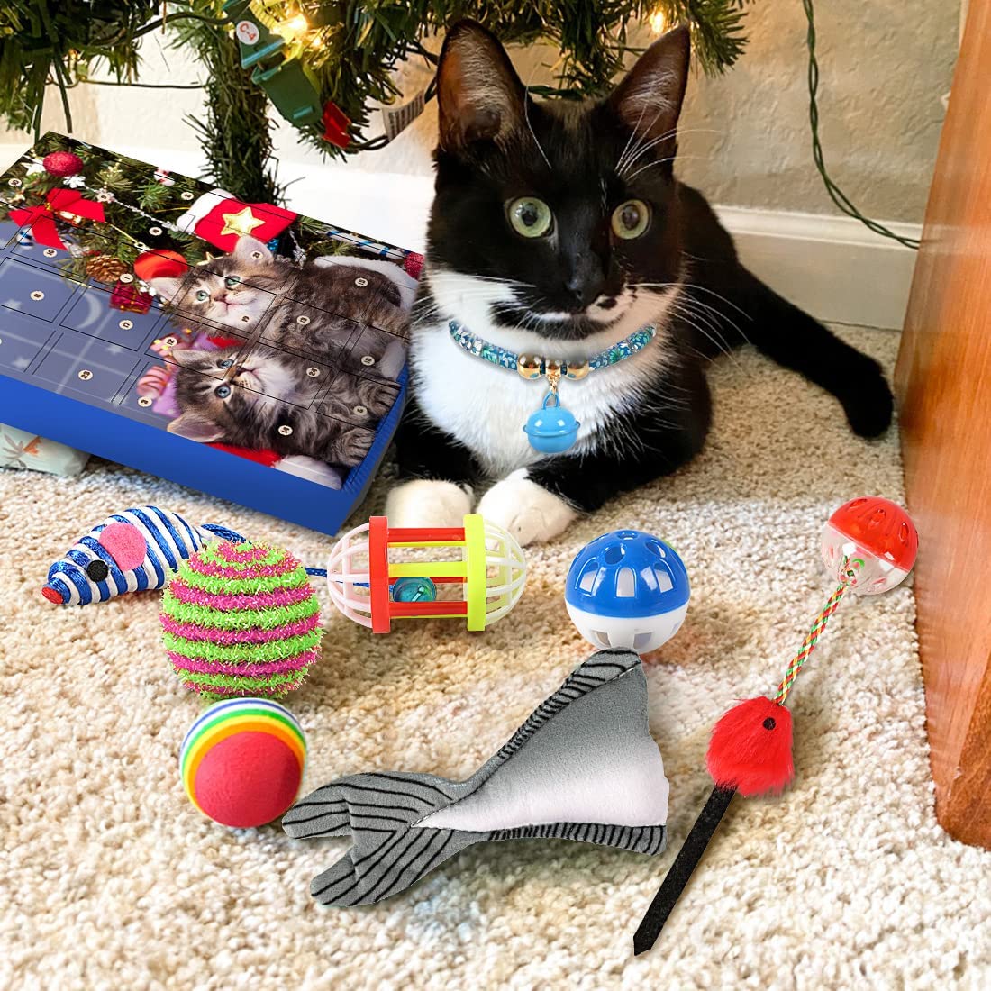 iZoeL Cat Advent Calendar 2022, 24Pcs Interactive Cat Toys for Indoor Cats - Christmas Cat Collars Cat Bow Tie Feather Toys for Cats, Fish Fake Mouse Bell Balls for Cat Christmas Gifts