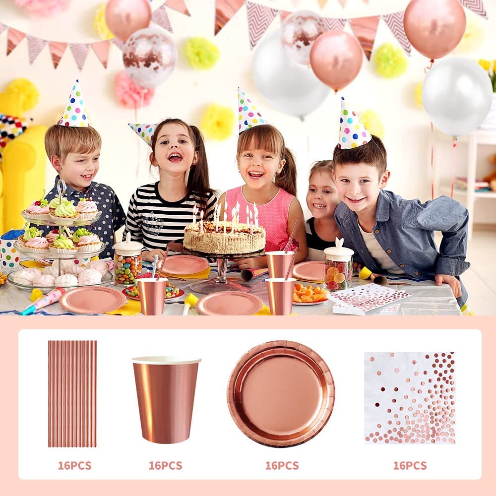 iZoeL Vaisselle Jetable Anniversaire Rose Gold, Decoration Anniversaire Femme Fille, 46pcs Arche Ballon anniversaire Nappe Rideau Serviettes Assiettes Tasses Paille 10g Confettis