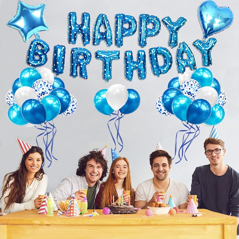 iZoeL Blue Birthday Party Decoration Boys, Blue Happy Birthday Banner Confetti Balloon Heart Star Balloon plus 10g Birthday Table Confetti for Baby Shower Kid Girl Man Birthday Supplies