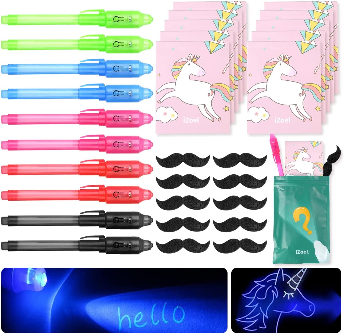 iZoeL 10 Invisible Ink Pen Secret Pen 10 Notebook 10 mustache, Unicorn Invisible Writing with UV Light, Invisible UV Pens Detective Birthday Pinata Party Bags Filler School Prize