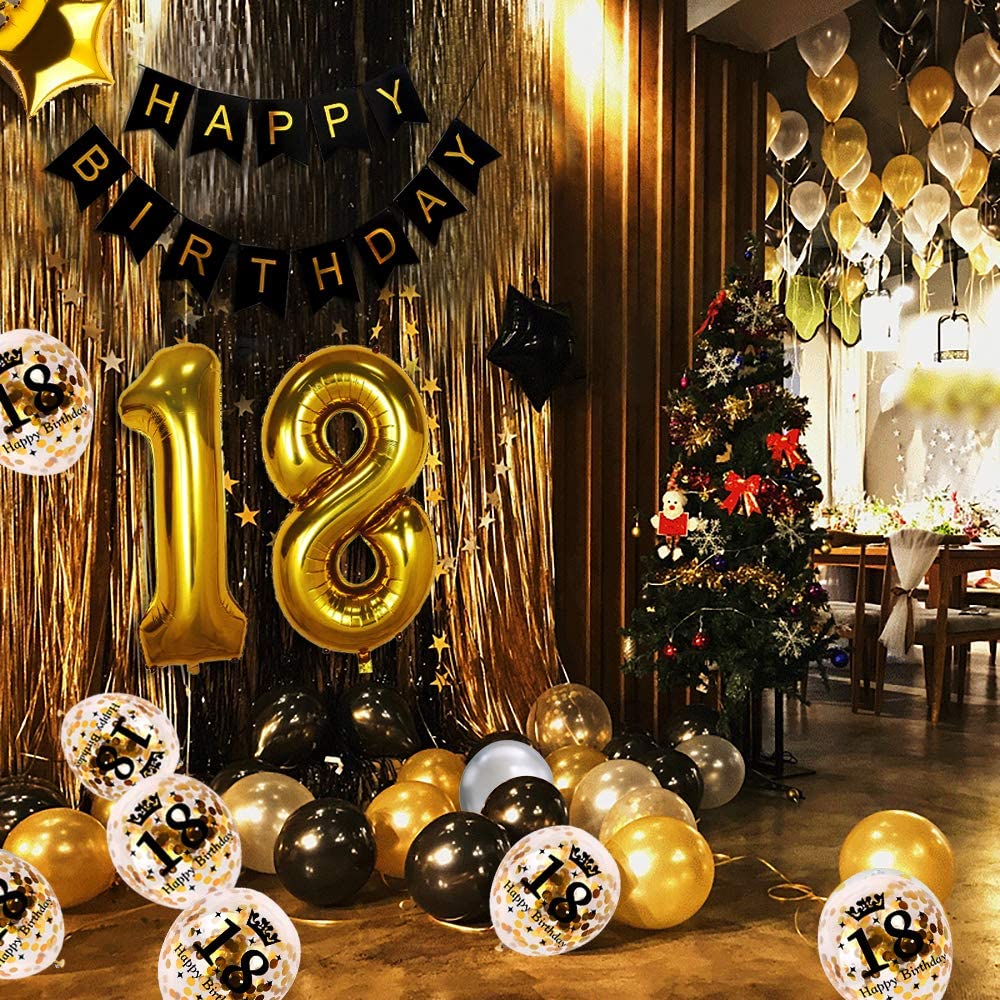 iZoeL 18th Black Gold Birthday Party Decoration, Happy Birthday Banner, Helium Number 18 XXL, 2 Gold Fringe Curtain, Latex Confetti Balloon, Table Confetti for Man Girl Women Anniversary