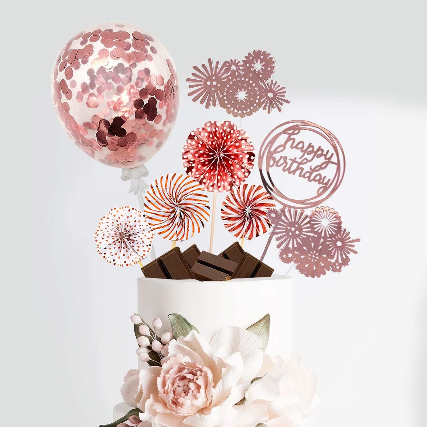 Roll over image to zoom in iZoeL Rose Gold Birthday Cake Decoration Happy Birthday Cake Topper Paper Fans Banner Confetti Balloon Fireworks Rose Gold Cupcake Topper for Girl Kid Women