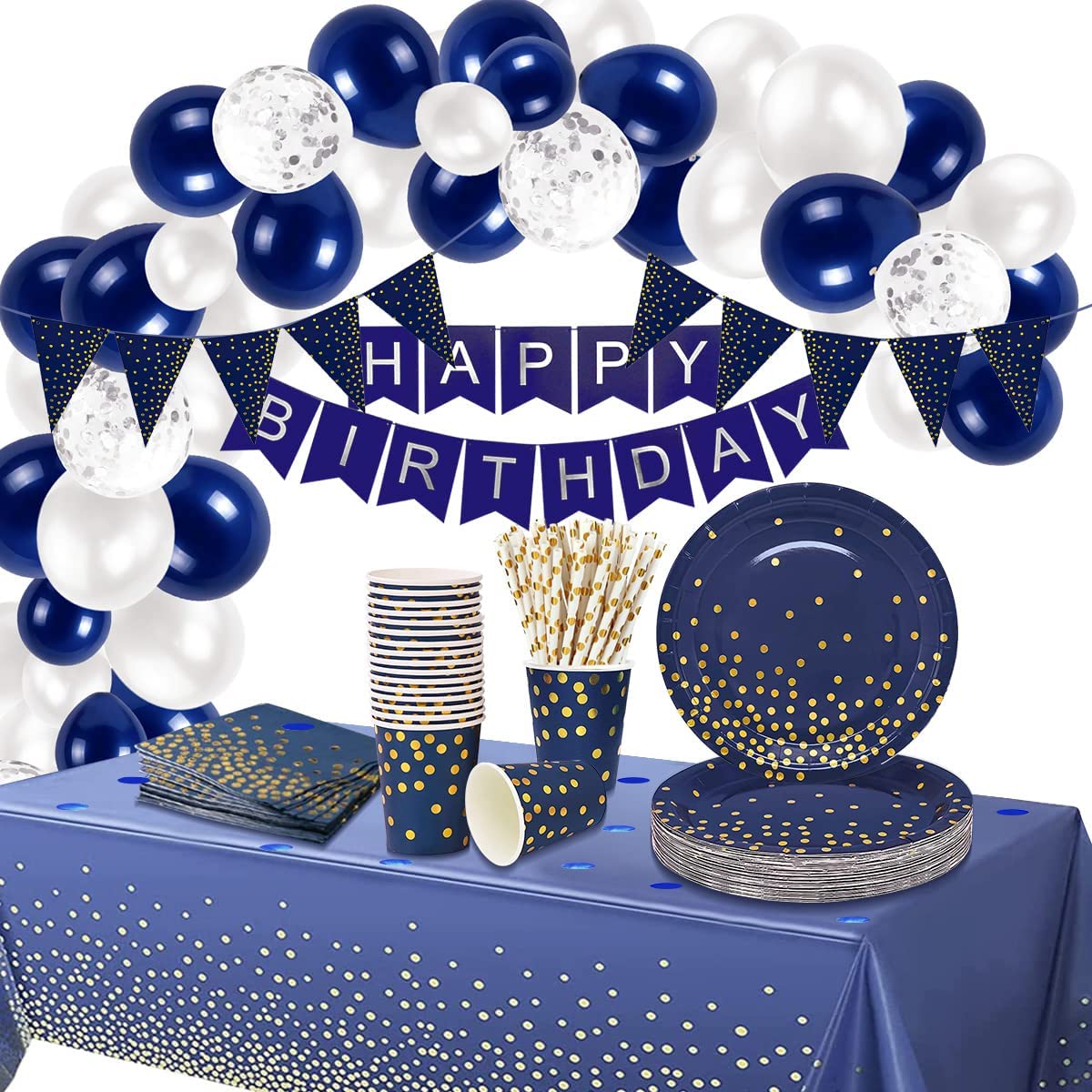 iZoeL Navy Blue Birthday Decoration Party Tableware Birthday Balloon Arch Kit - 16Guests, Party Supplies Happy Birthday Banner, Tablecloth Paper Plates Napkins Cups Straws 10g Confettis