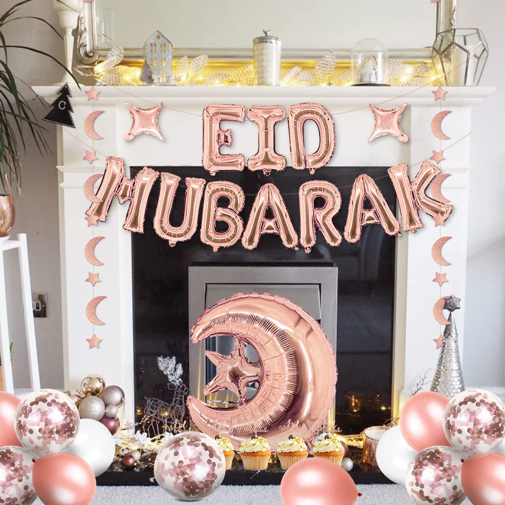 iZoeL EID Mubarak Decorations for Home Eid Decorations UK, Eid Mubarak Balloons Mubarak Banner Eid Cake Topper Moon Star Garland Eid Balloons for Home Restaurant Garden - Rose Gold