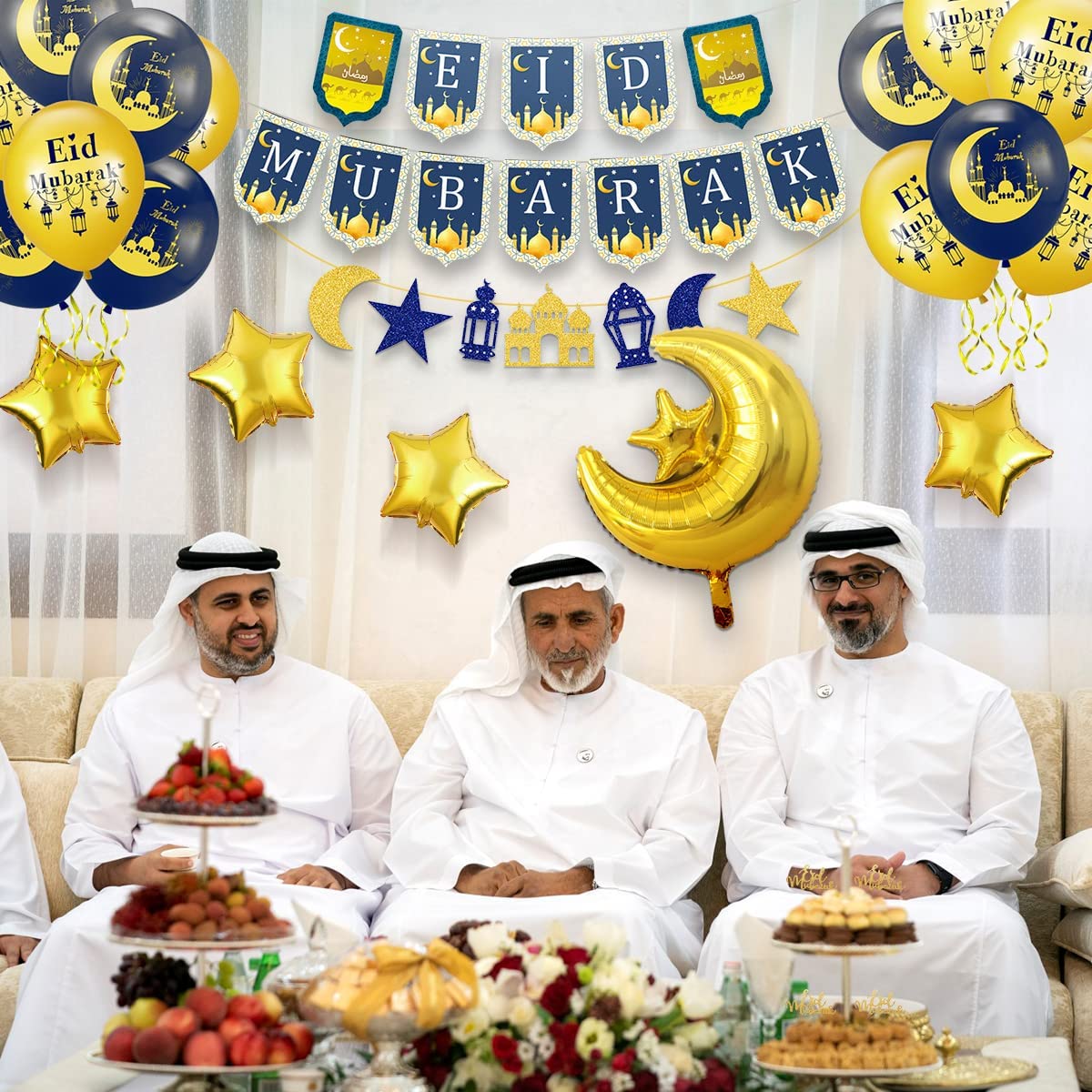 iZoeL Eid Decorations UK with Eid Mubarak Banner, Eid Mubarak Balloons, Eid Mubarak Cake Topper, Eid Mubarak Decorations for Home Set Restaurant Garden - Mubarak UK