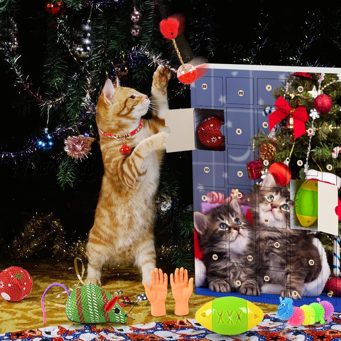 iZoeL Cat Advent Calendar 2022, 24Pcs Interactive Cat Toys for Indoor Cats - Christmas Cat Collars Cat Bow Tie Feather Toys for Cats, Fish Fake Mouse Bell Balls for Cat Christmas Gifts