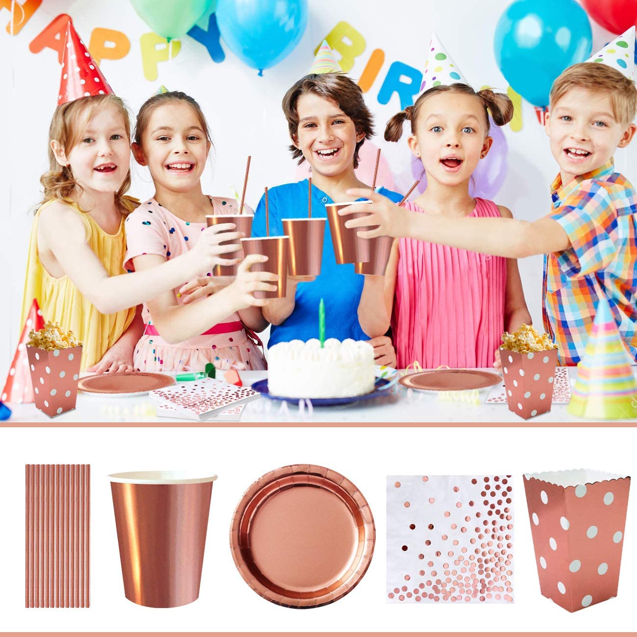 iZoeL 30 Guests Rose Gold Party Tableware Rose Gold Dinnerware Foil Tablecloth Paper Plates Napkins Popcorn Boxes Cups Straws Party Supplies for Birthday Bridal Wedding Anniversary