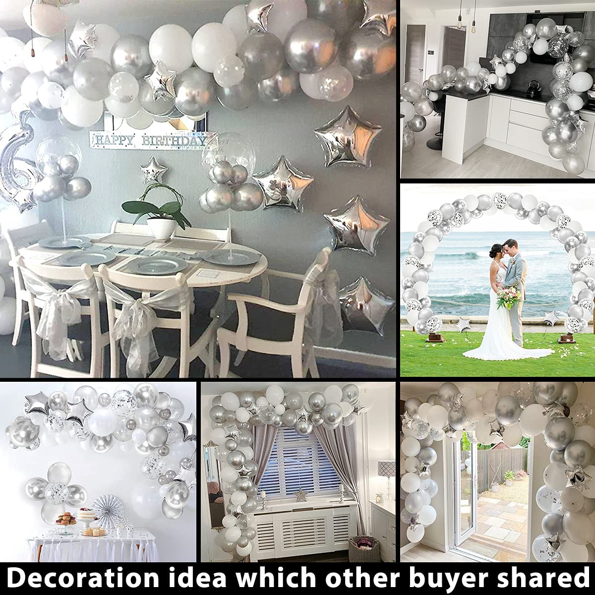 iZoeL Silver Birthday Party Decoration Silver Balloon Arch Garland Kit Latex Confetti Balloons Foil Star Balloon Tape Strips Tie Tools Flower Clips Kid Girl Woman (Silver)