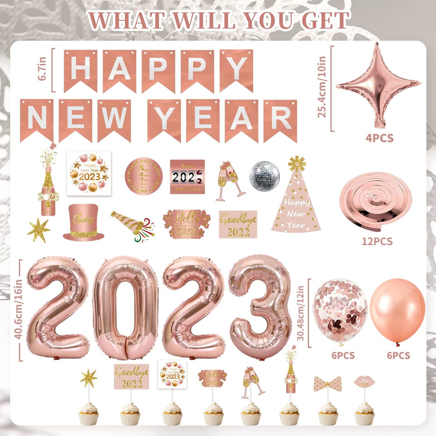 iZoeL New Years Decorations 2023 Eve Party Supplies - Rose Gold 2023 Balloons New Year Hanging Swirl New Year Cake Topper Happy New Year Balloons - 2023 New Years Party Favors