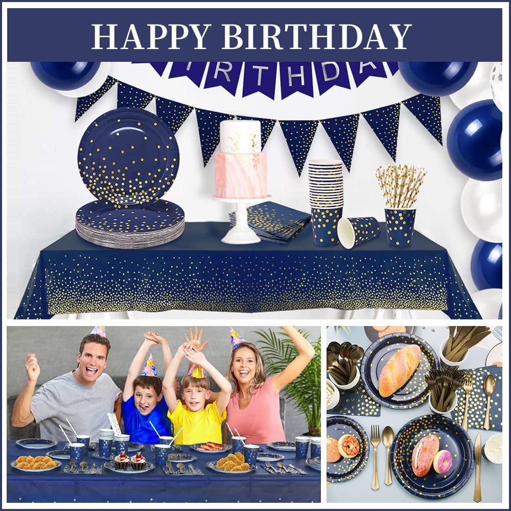 iZoeL Navy Blue Birthday Decoration Party Tableware Birthday Balloon Arch Kit - 16Guests, Party Supplies Happy Birthday Banner, Tablecloth Paper Plates Napkins Cups Straws 10g Confettis