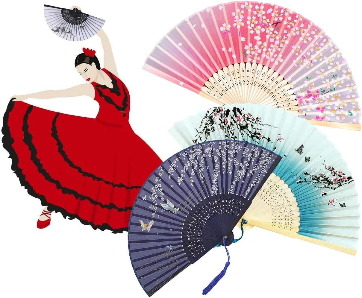 iZoeL Pocket Fans Folding Handheld Bamboo Fans with Tassel with 4 Delicate Bags Wedding Favours Party Guest Gift Wall Decoration Women Fan Blue & grey & Black & Pink