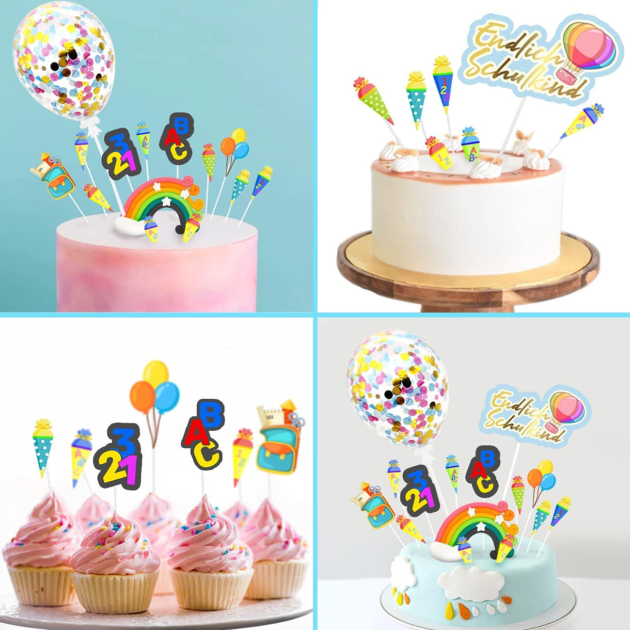 iZoeL Cake Decoration School Child School Cake Decoration Finally School Child Cake Topper Rainbow Confetti Balloon ABC 123 Cupcake Muffin Decoration for Girls Boys (Multicoloured School Child)