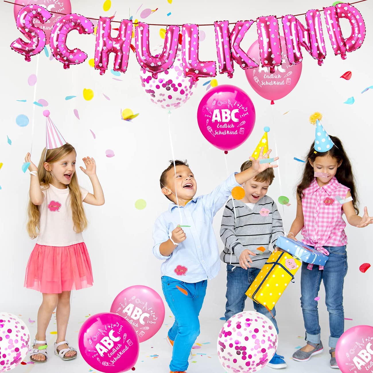 iZoeL Decorative First Day of School Girl Pink School Child Garlands Foil Balloon + First Day of School Decoration Foil Balloon + 15 Red Balloons School Introduction + Balloon Ribbons