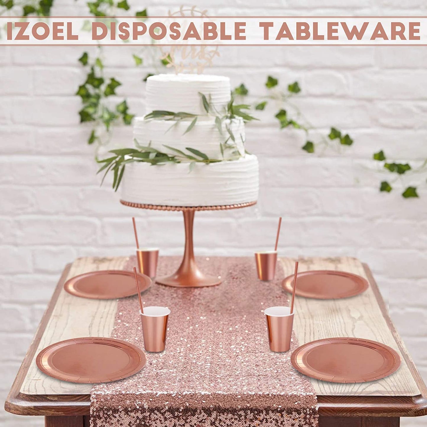 iZoeL 120pcs Rose Gold Paper Cups Rose Gold Straws Drinking, including 60pcs Party Cups 60pcs Party Straws for Birthday Wedding Hen Party Decoration - 60 Guests Party Tableware Set